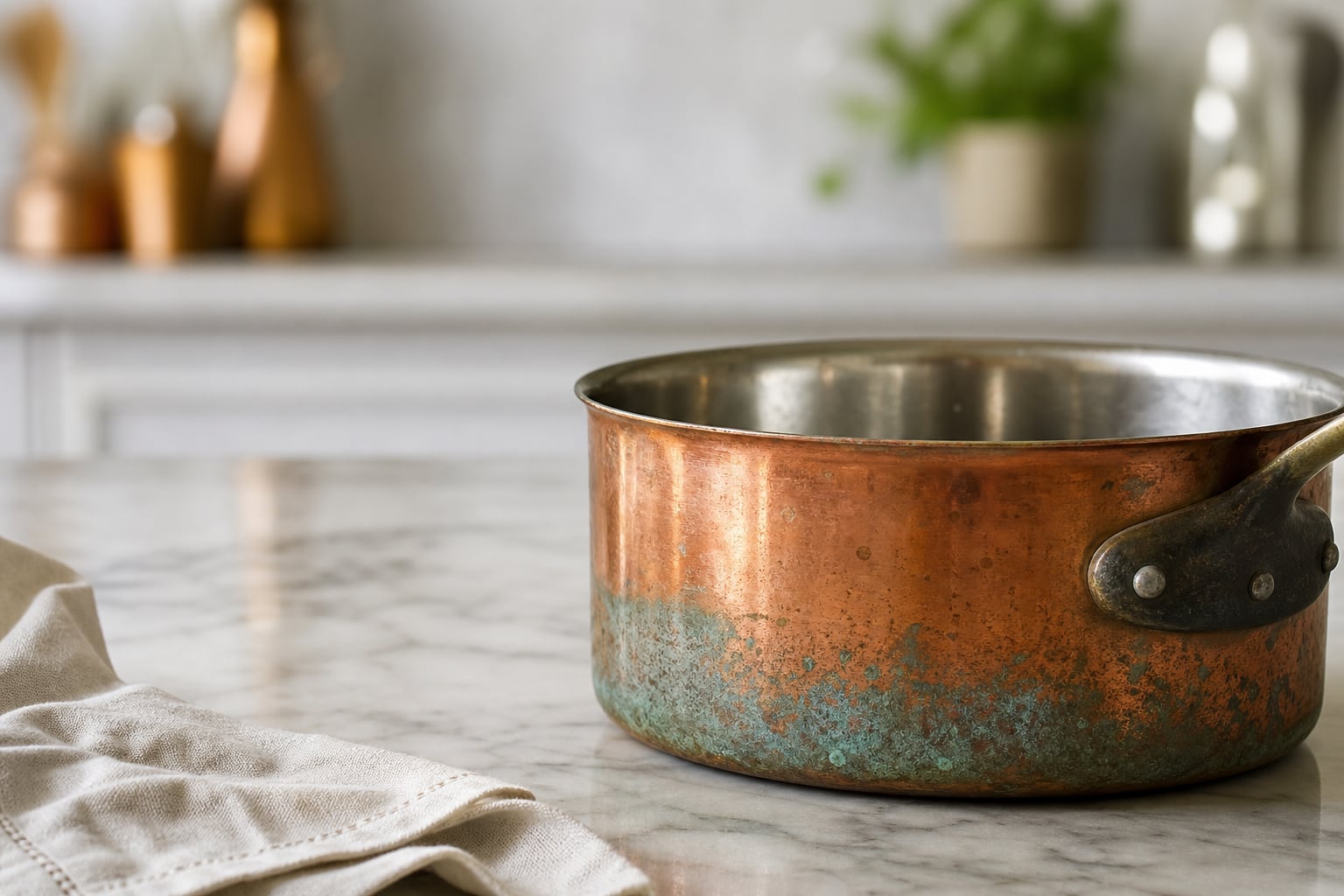 Casserole en cuivre avec quelques traces vert-de-gris sur l'extérieur, posée dans une cuisine éclairée naturellement