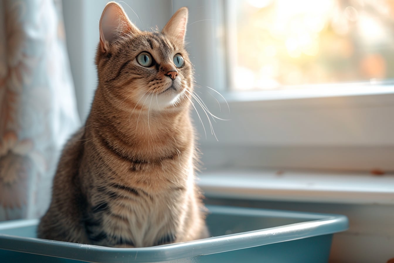 Chat tigré assis près d’un bac à litière propre dans un intérieur calme