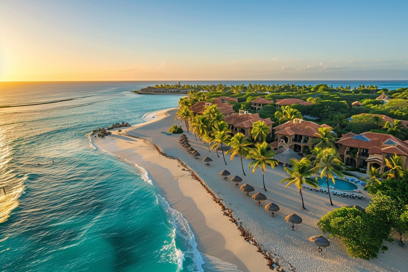 Plage de sable blanc et eau turquoise devant un hôtel de luxe aux Turks et Caïcos