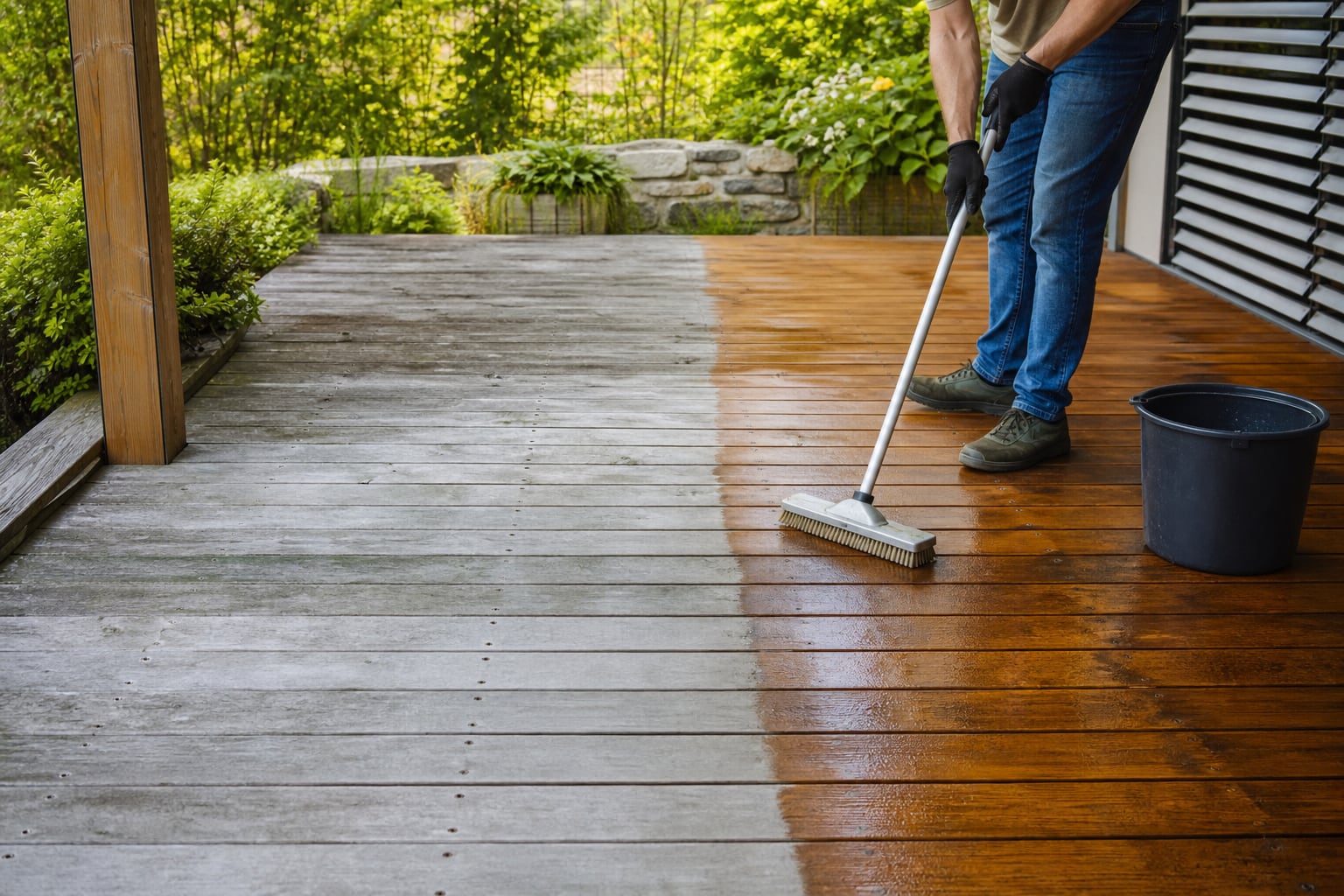 Terrasse en bois extérieur partiellement grisée sous la lumière naturelle du soleil, avec du mobilier de jardin