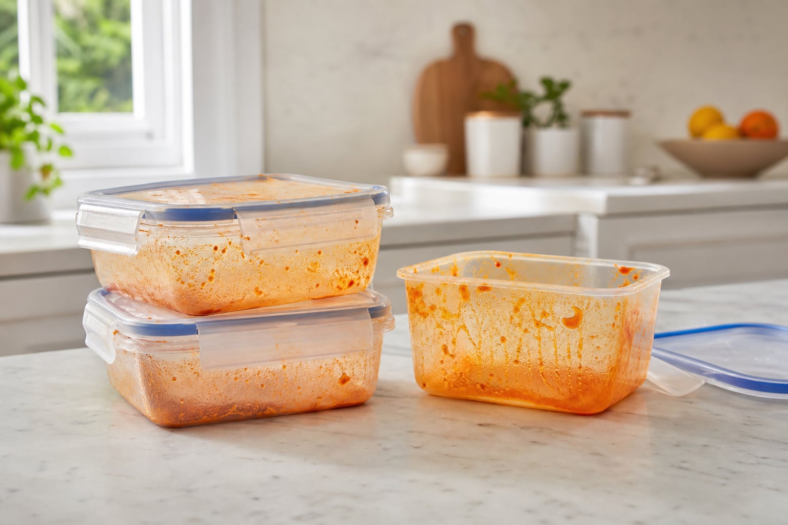 Boîtes de conservation en plastique tachées d'orange par de la sauce tomate, posées sur un plan de travail de cuisine