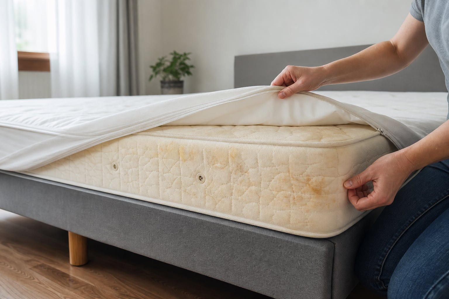 Matelas nu posé sur un sommier, avec des zones légèrement jaunies visibles au niveau du centre