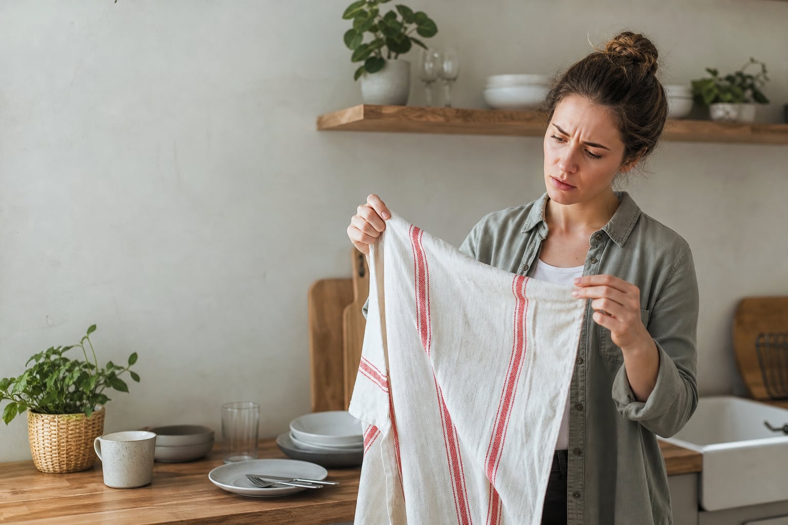 Femme dans une cuisine examinant un torchon en coton à rayures rouges tenu à deux mains