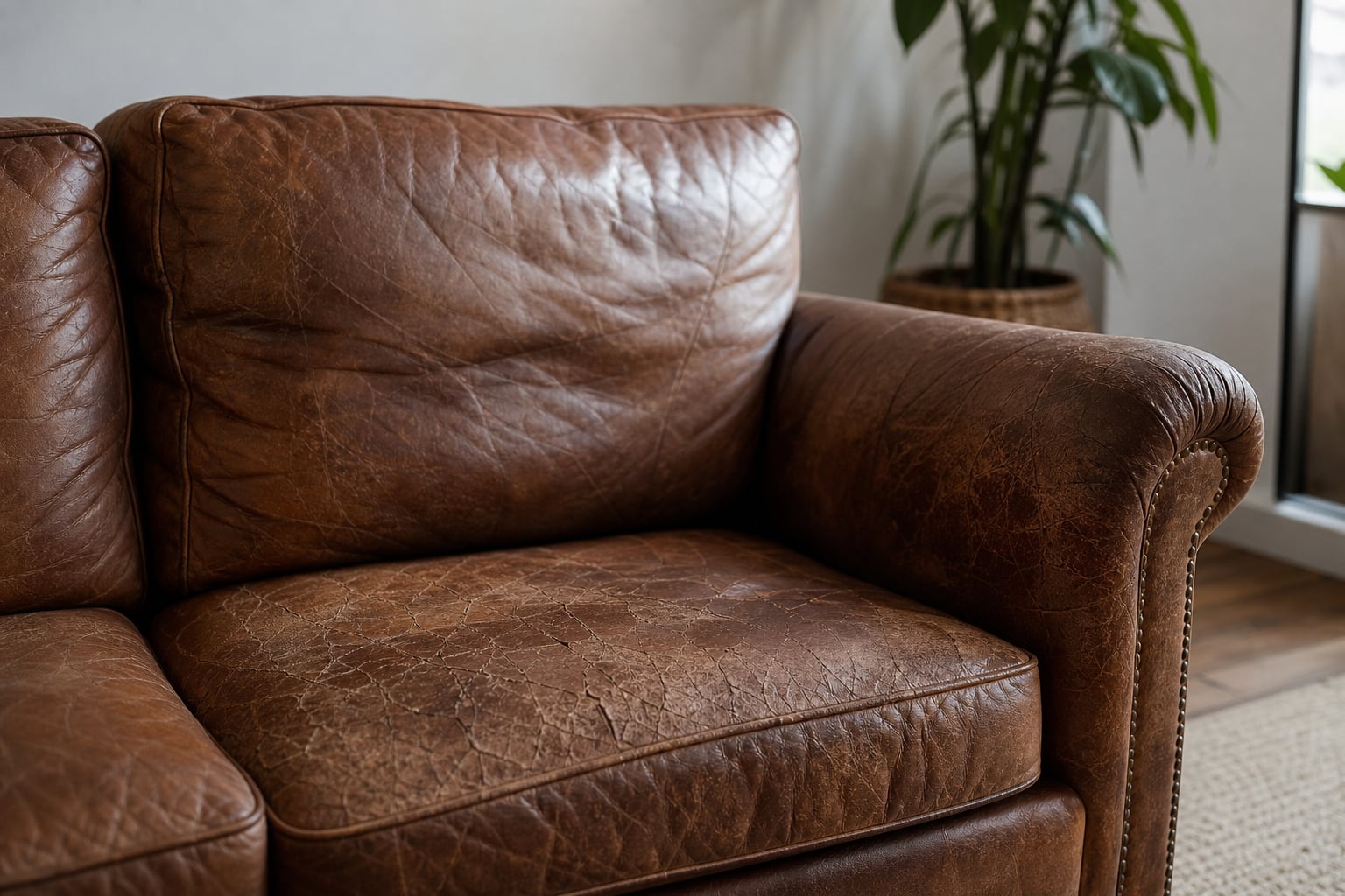 Canapé en cuir dans un salon lumineux, avec des craquelures visibles sur l'assise et l'accoudoir
