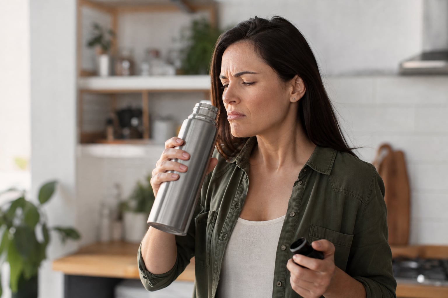Gourde isotherme en inox posée sur une table en bois, avec un verre d'eau à côté