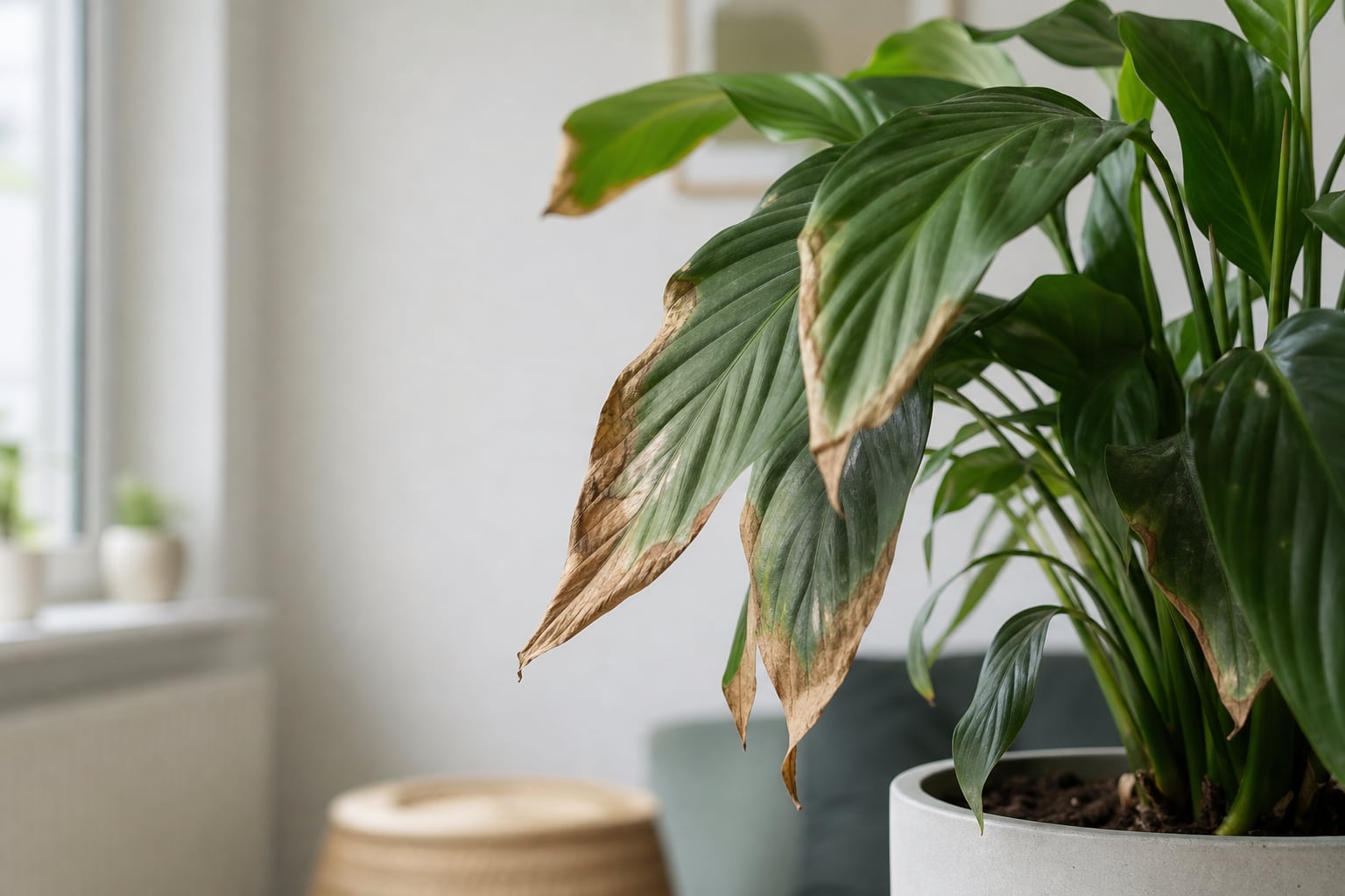 Plante d'intérieur près d'une fenêtre dont plusieurs feuilles ont l'extrémité brunie et desséchée