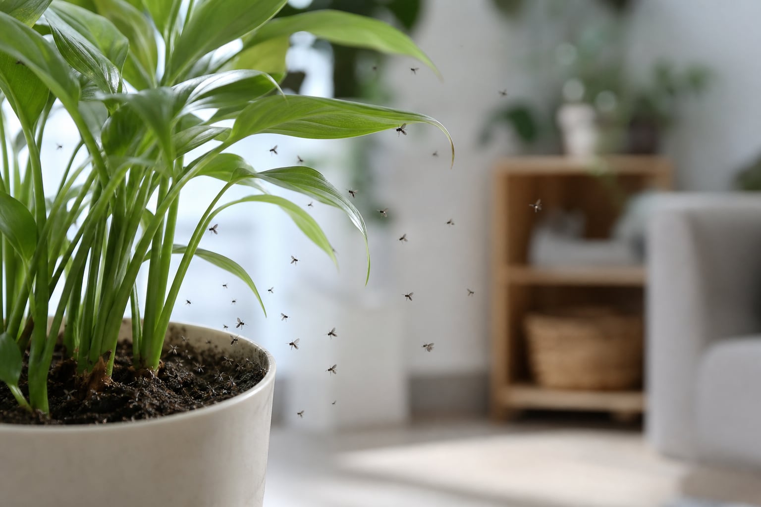 Petite mouche noire du terreau posée sur le substrat humide d'une plante d'intérieur en pot