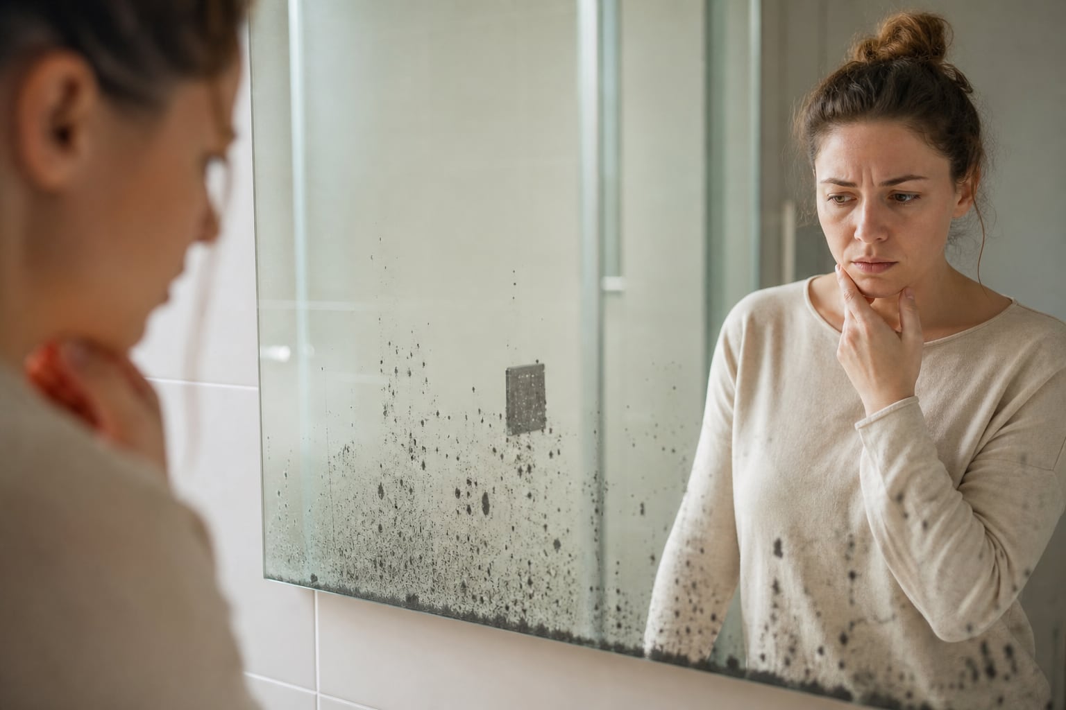 Miroir de salle de bain piqué de taches noires remontant depuis le bord inférieur, reflétant une personne