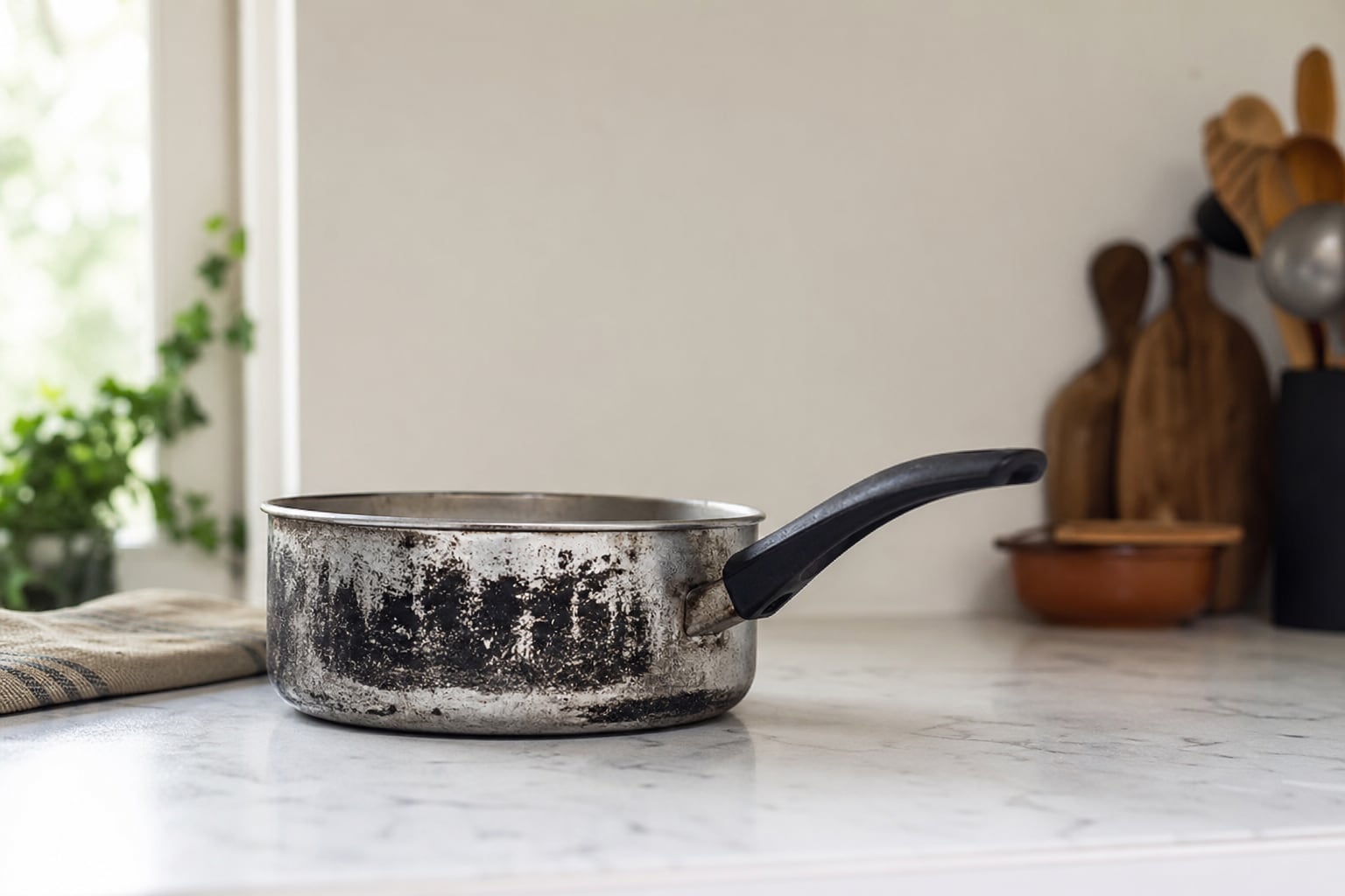 Casserole en aluminium ternie et grisée posée sur une cuisinière, surface marquée de dépôts sombres
