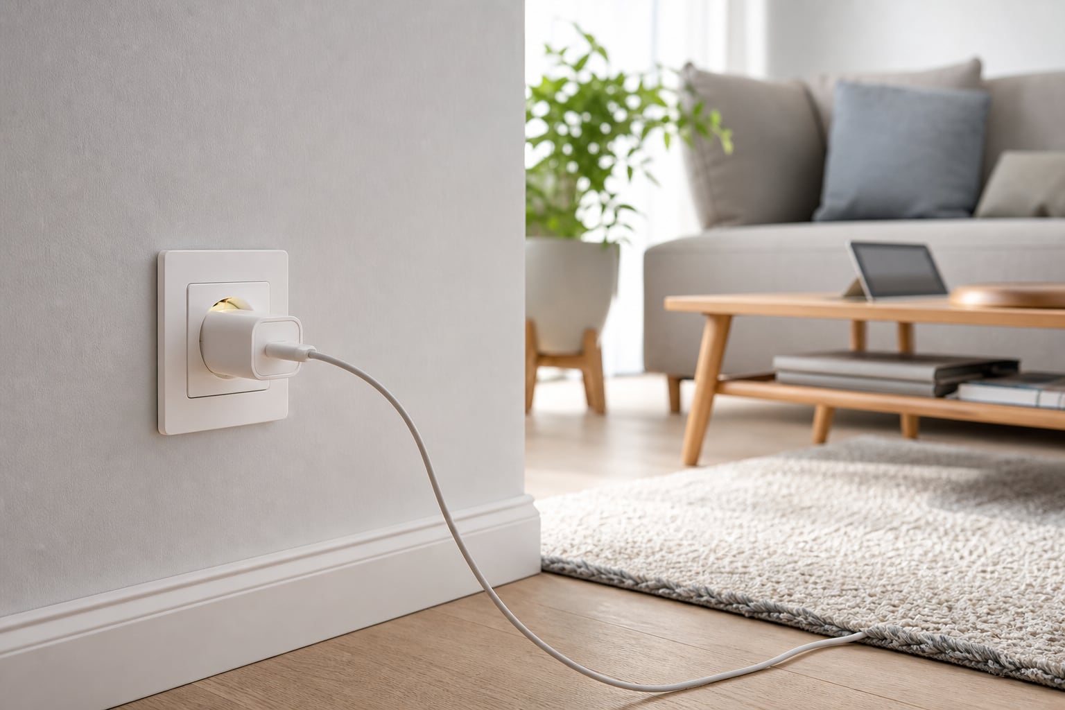 Gros plan sur une prise électrique murale avec une fiche branchée, dans un intérieur domestique