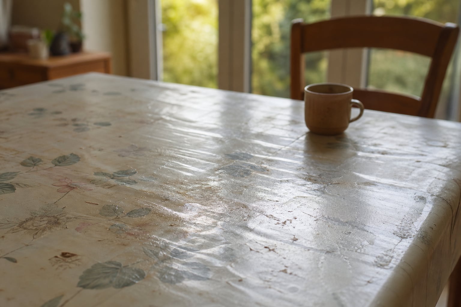 Nappe cirée à motifs sur une table de cuisine, avec des couverts posés dessus