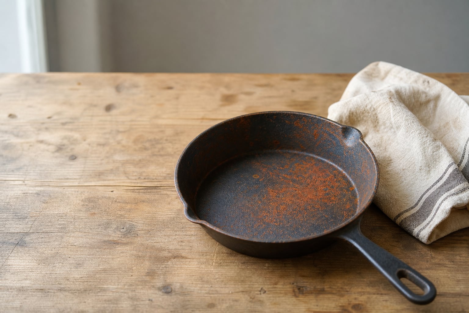 Poêle en fonte posée sur une cuisinière avec des traces de rouille visibles au fond