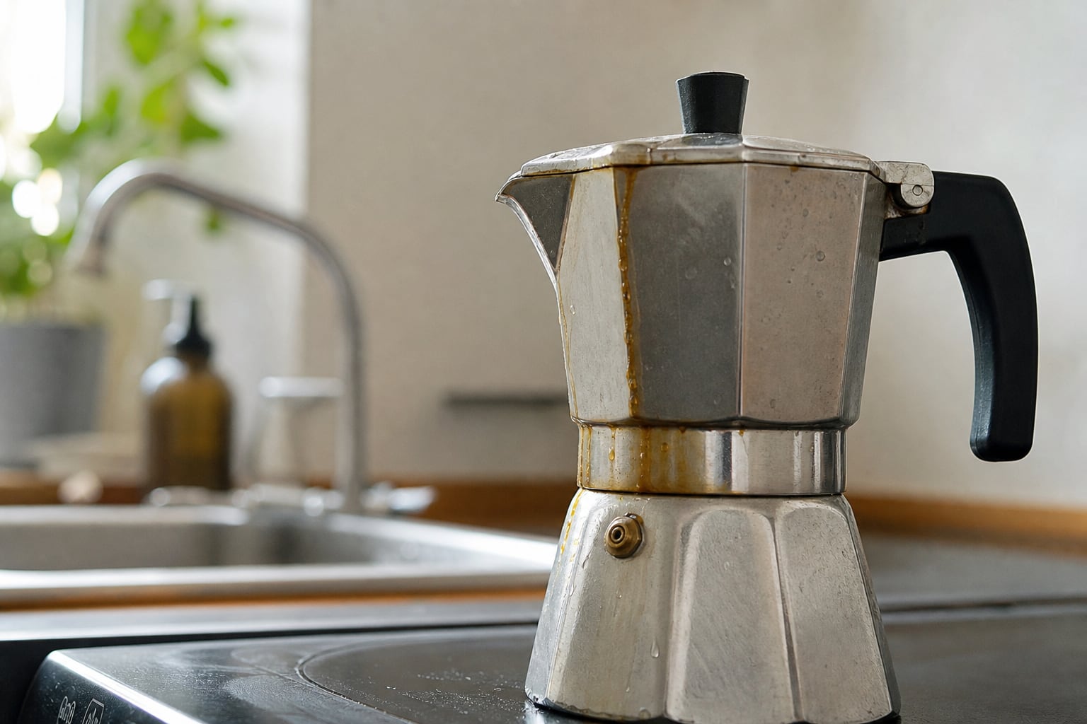 Cafetière italienne moka sur une plaque de cuisson avec de la vapeur s'échappant de la jonction