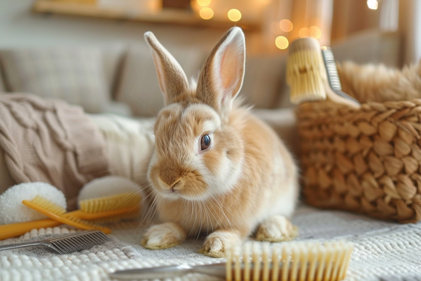 Lapin domestique au pelage clair assis sur une serviette propre pendant un brossage doux