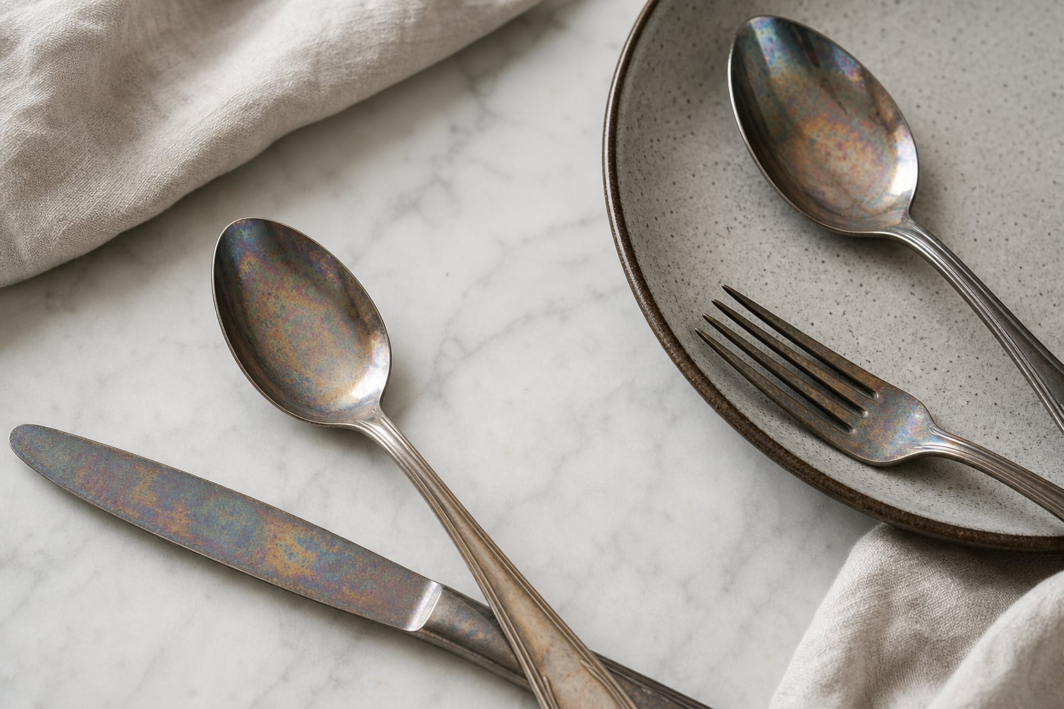 Couverts en inox présentant des reflets irisés bleutés et dorés à leur surface