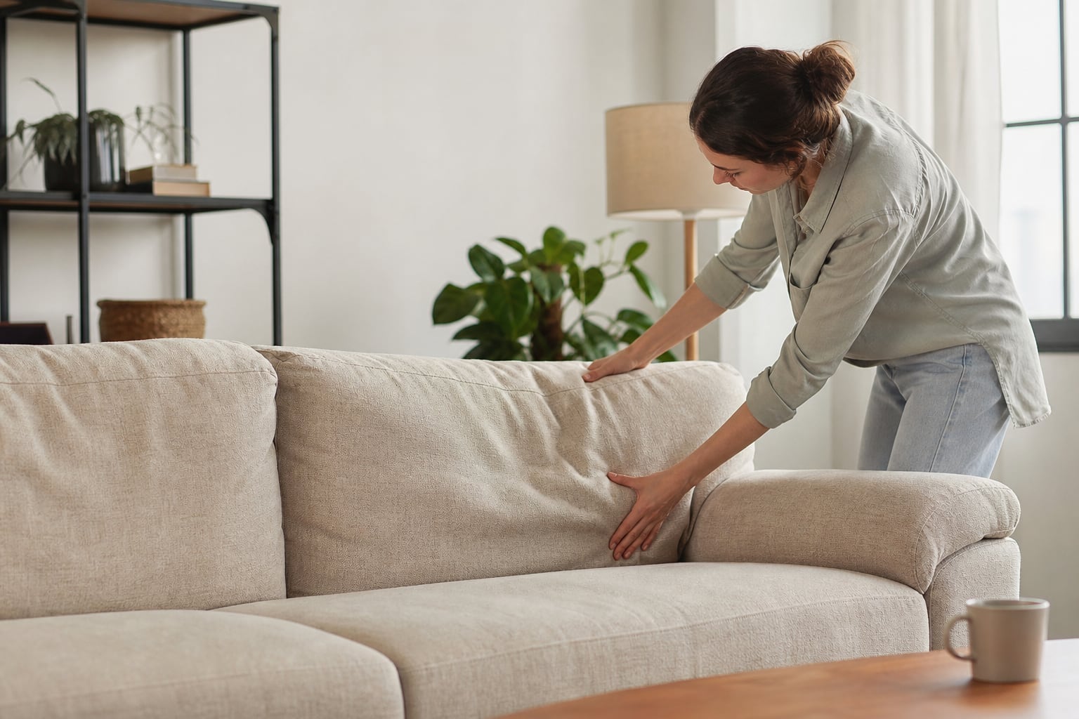 Coussins d'assise de canapé affaissés portant l'empreinte visible d'une utilisation répétée