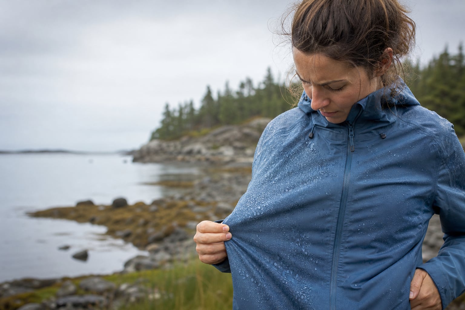 Gouttes de pluie qui perlent sur le tissu déperlant d'une veste technique