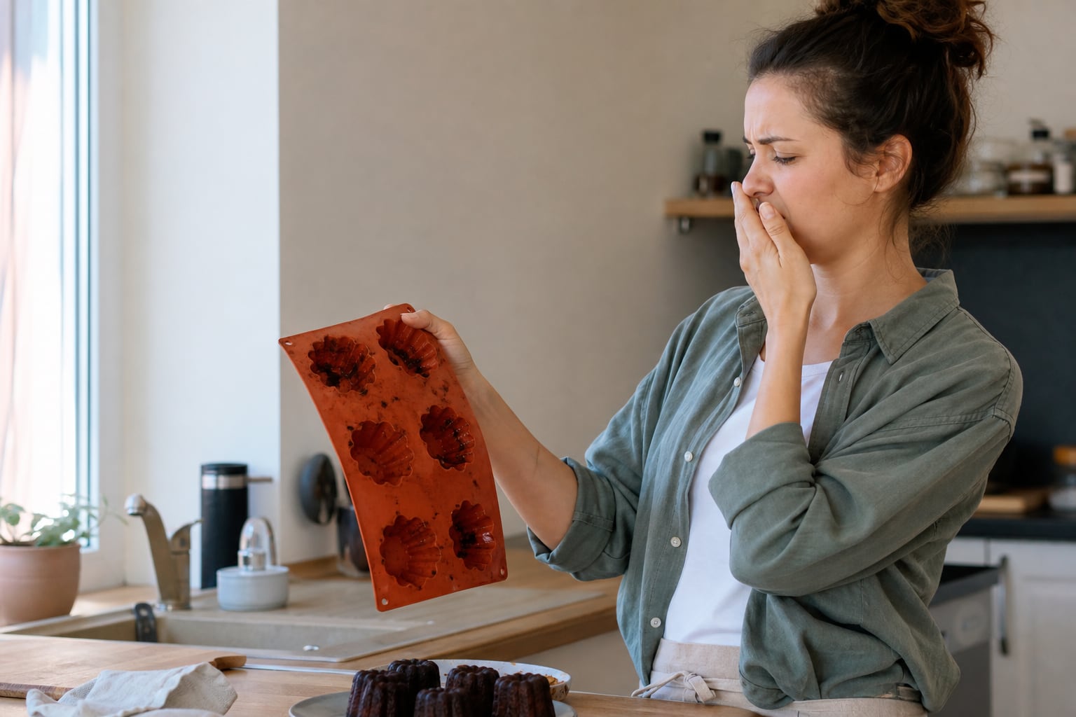 Moule à gâteau en silicone posé sur une grille de four, encore fumant à la sortie