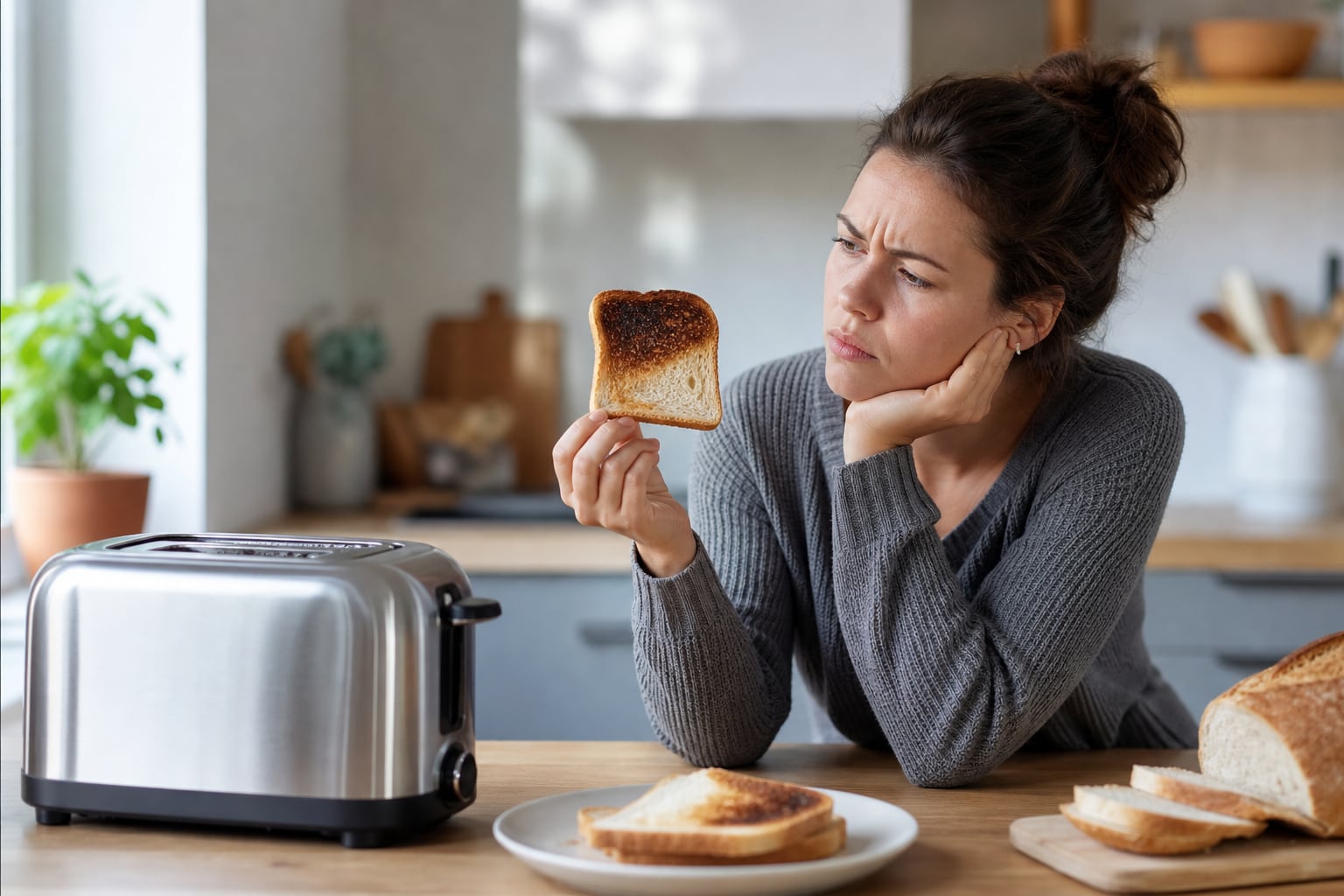 Deux tranches de pain grillées de façon inégale sortant d'un grille-pain