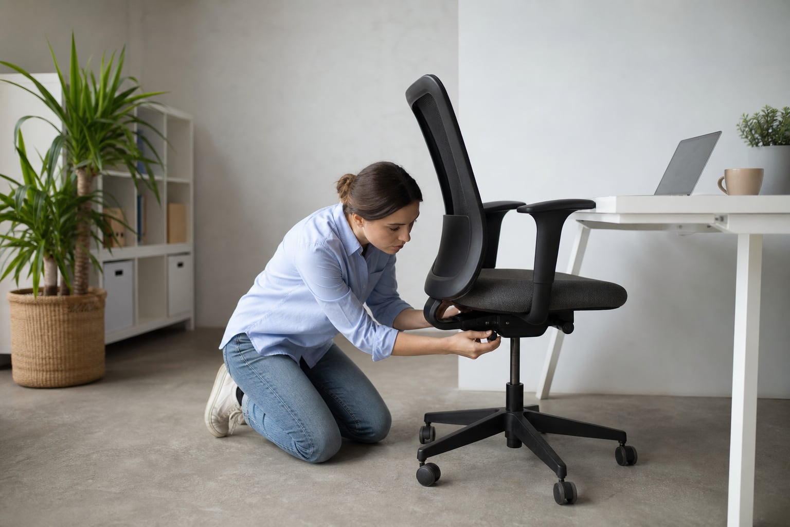 Chaise de bureau à roulettes avec son vérin à gaz visible sous l'assise
