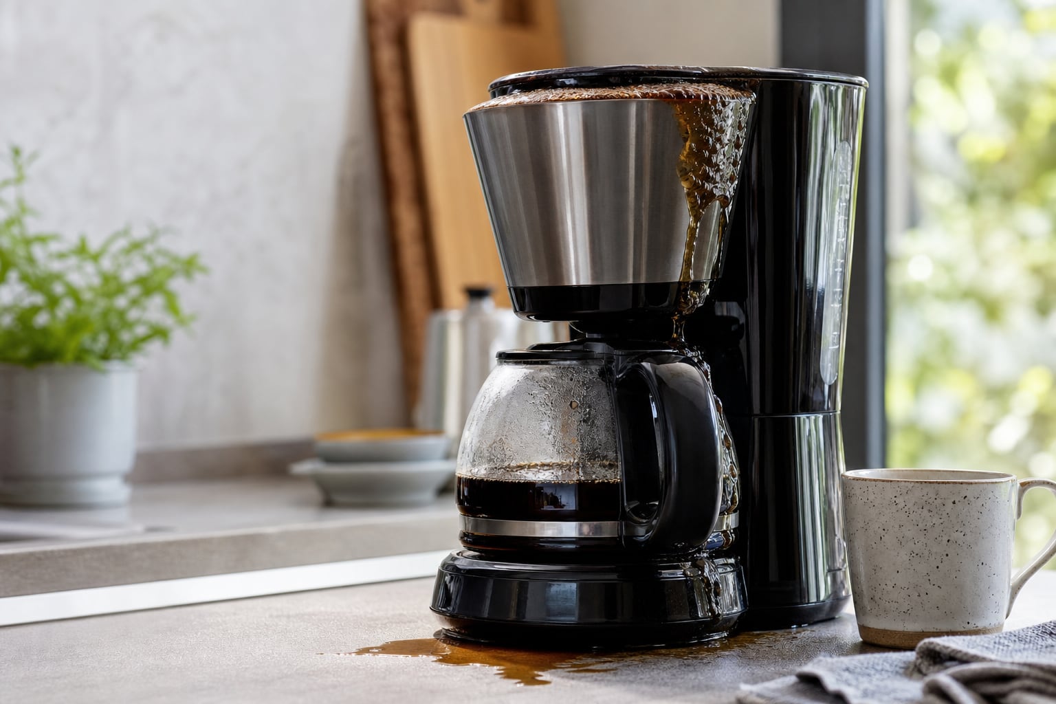 Cafetière filtre électrique avec de l'eau et du marc de café qui débordent du porte-filtre