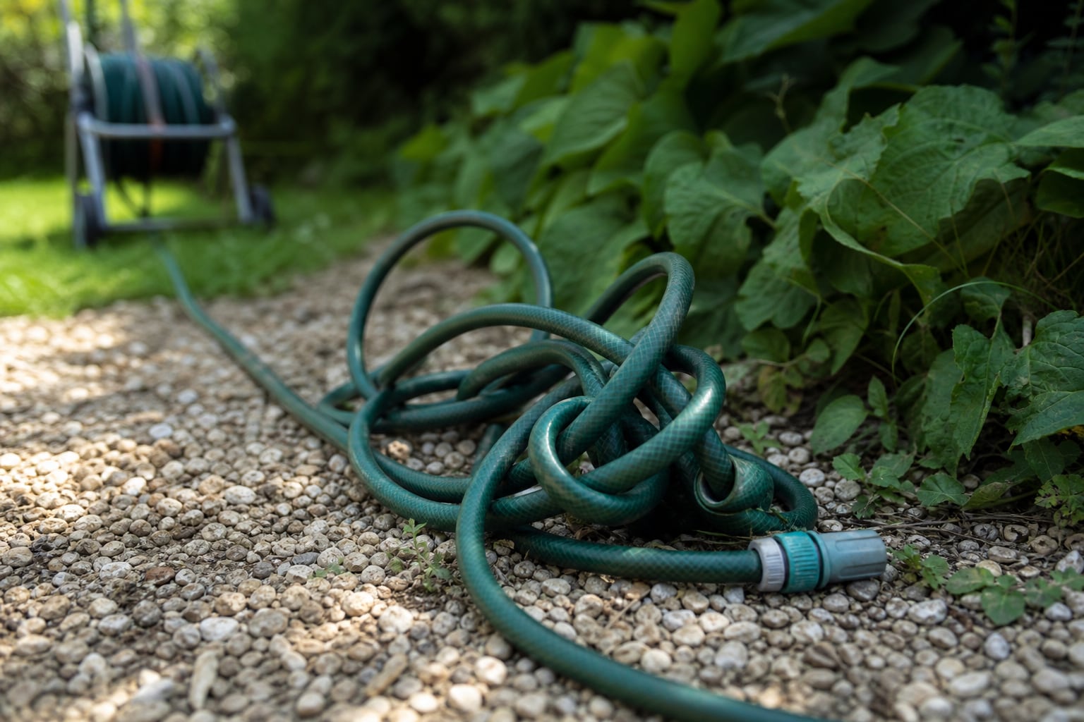 Tuyau d'arrosage vert formant plusieurs nœuds sur une pelouse