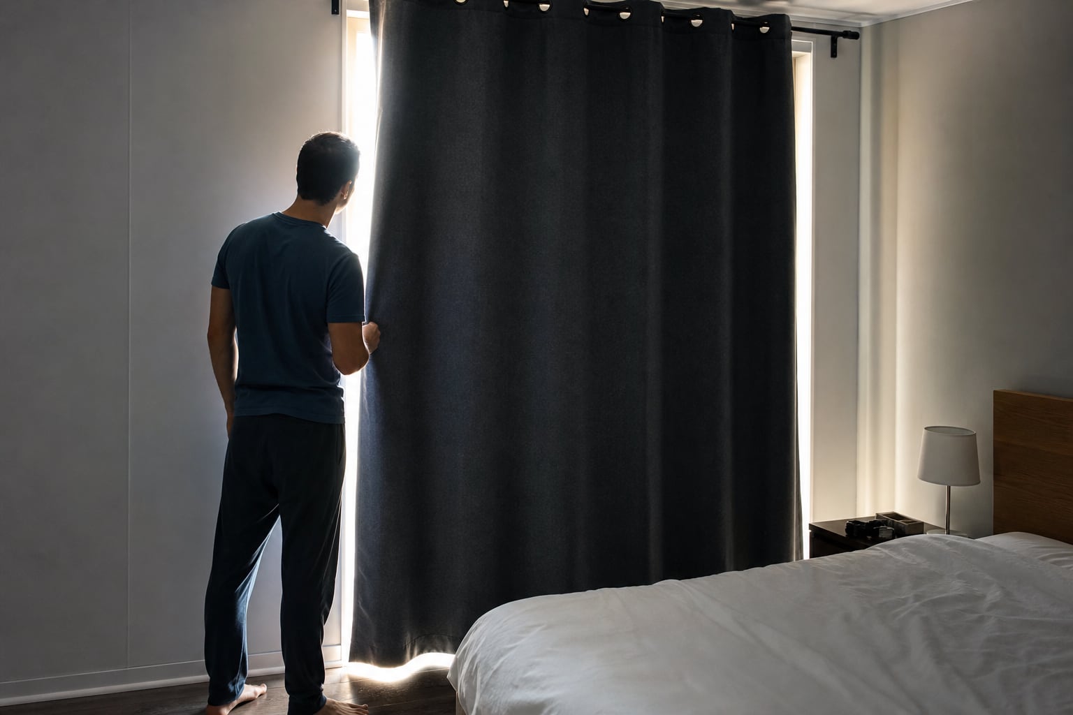 Rideau occultant dans une chambre avec de la lumière du jour qui filtre sur les côtés