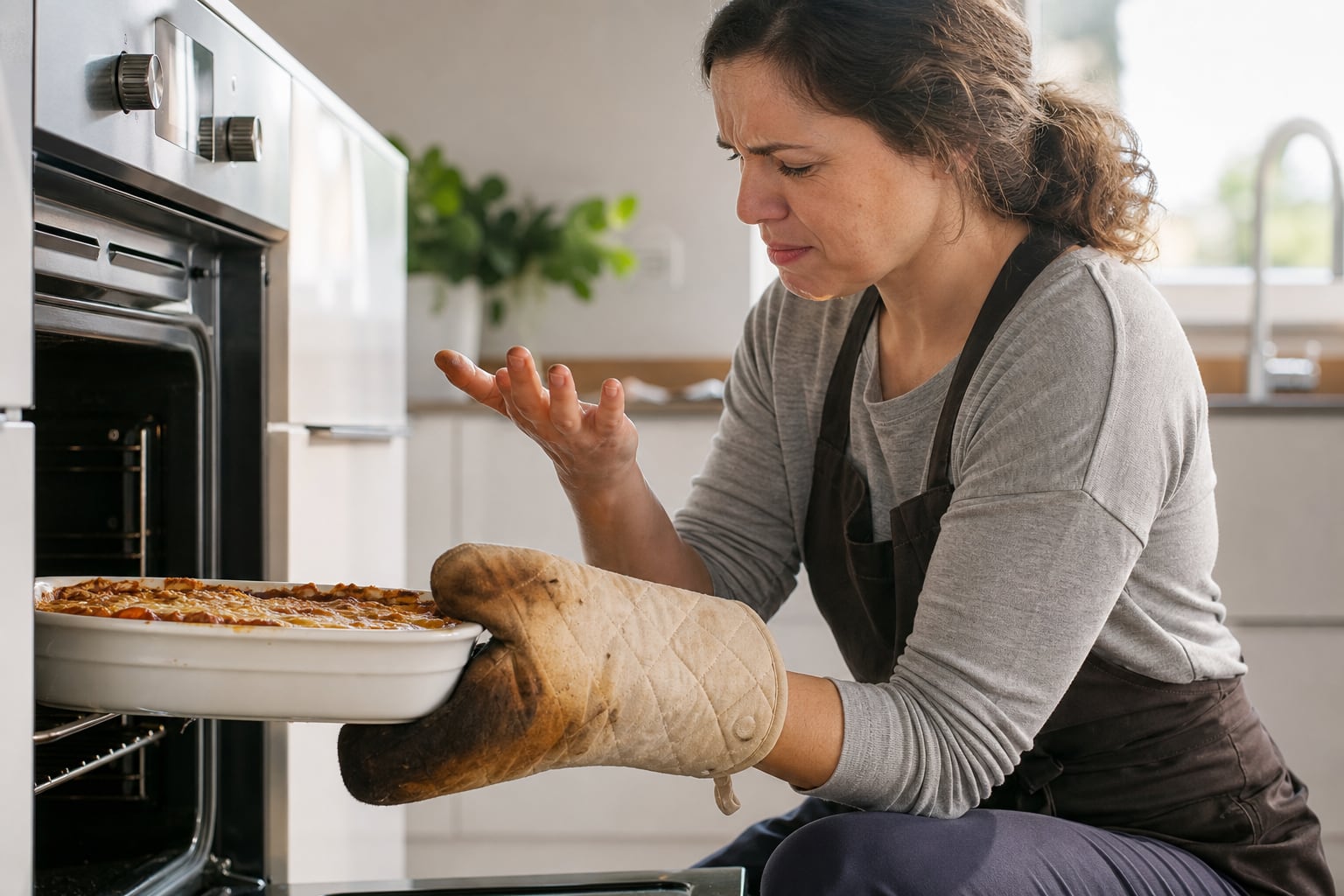 Personne sortant un plat chaud du four avec des gants de cuisine usés