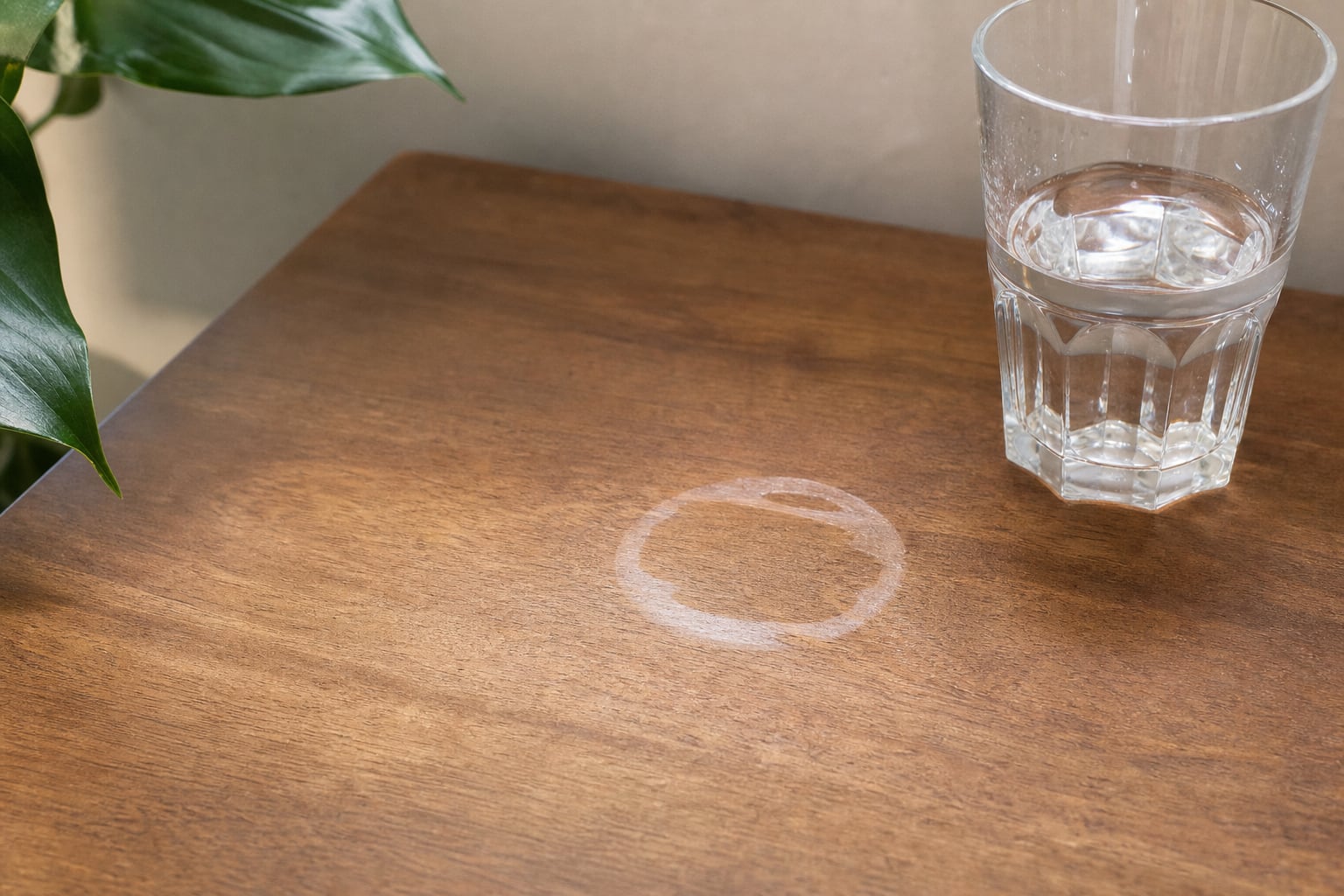 Table en bois verni avec une tache blanche circulaire laissée par une tasse chaude