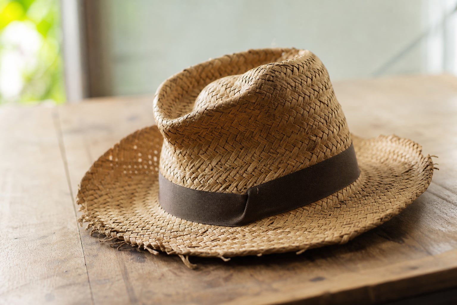 Chapeau de paille déformé posé sur une étagère avec le bord gondolé