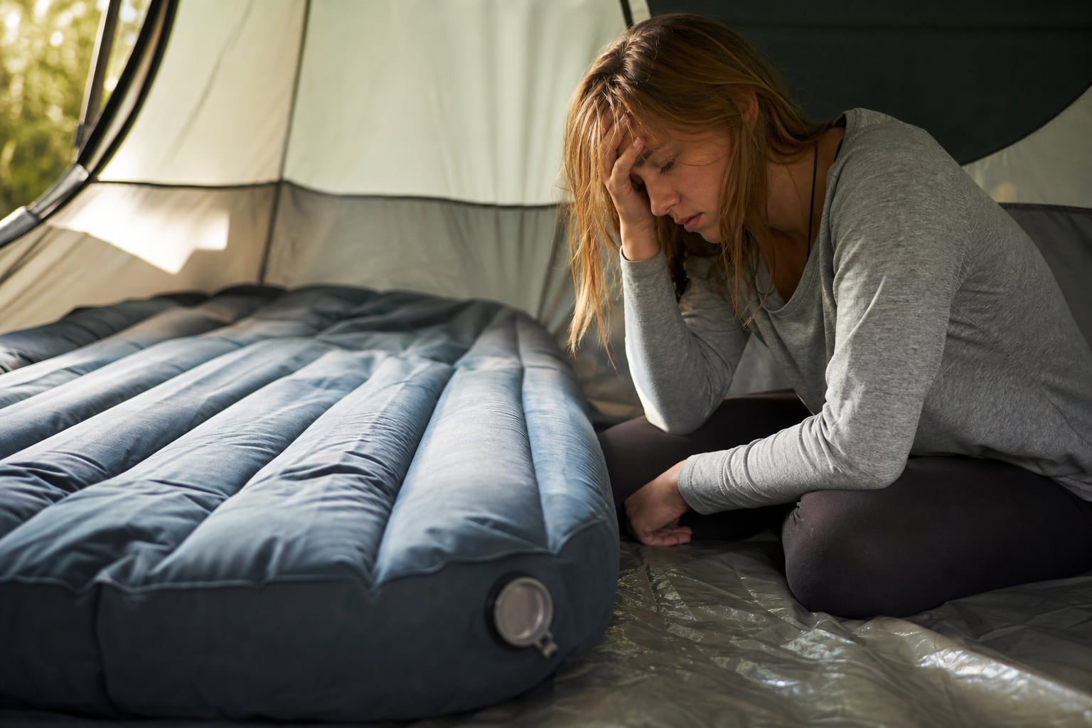 Matelas gonflable à moitié dégonflé dans une chambre le matin