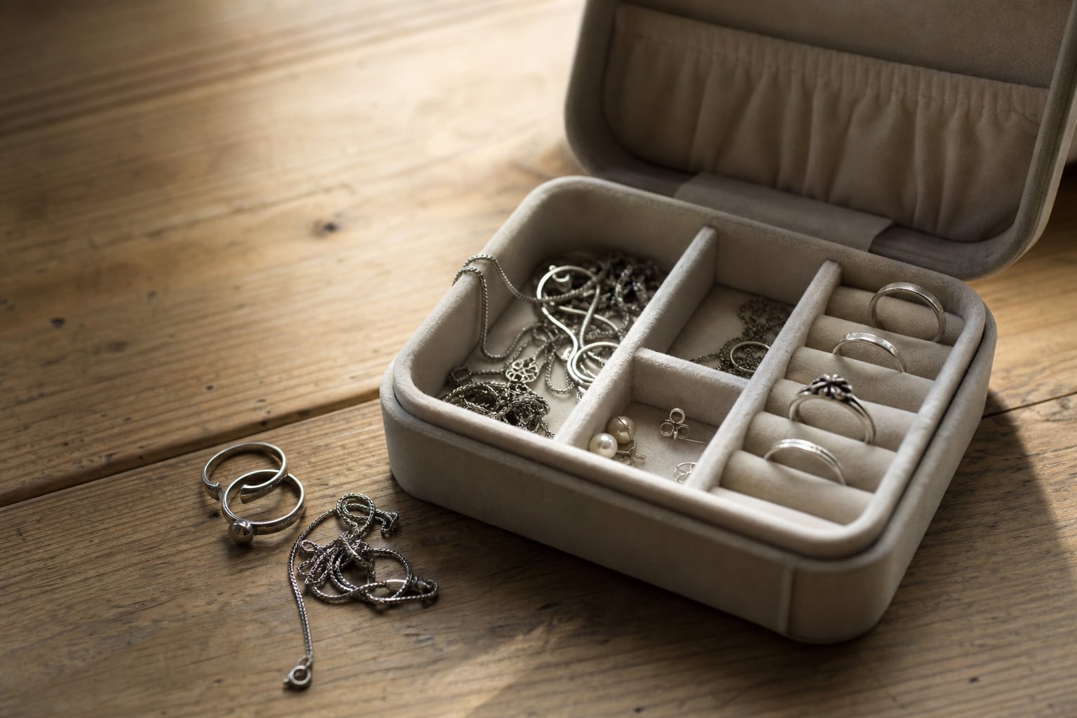 Bijoux en argent ternis et noircis posés dans un écrin ouvert