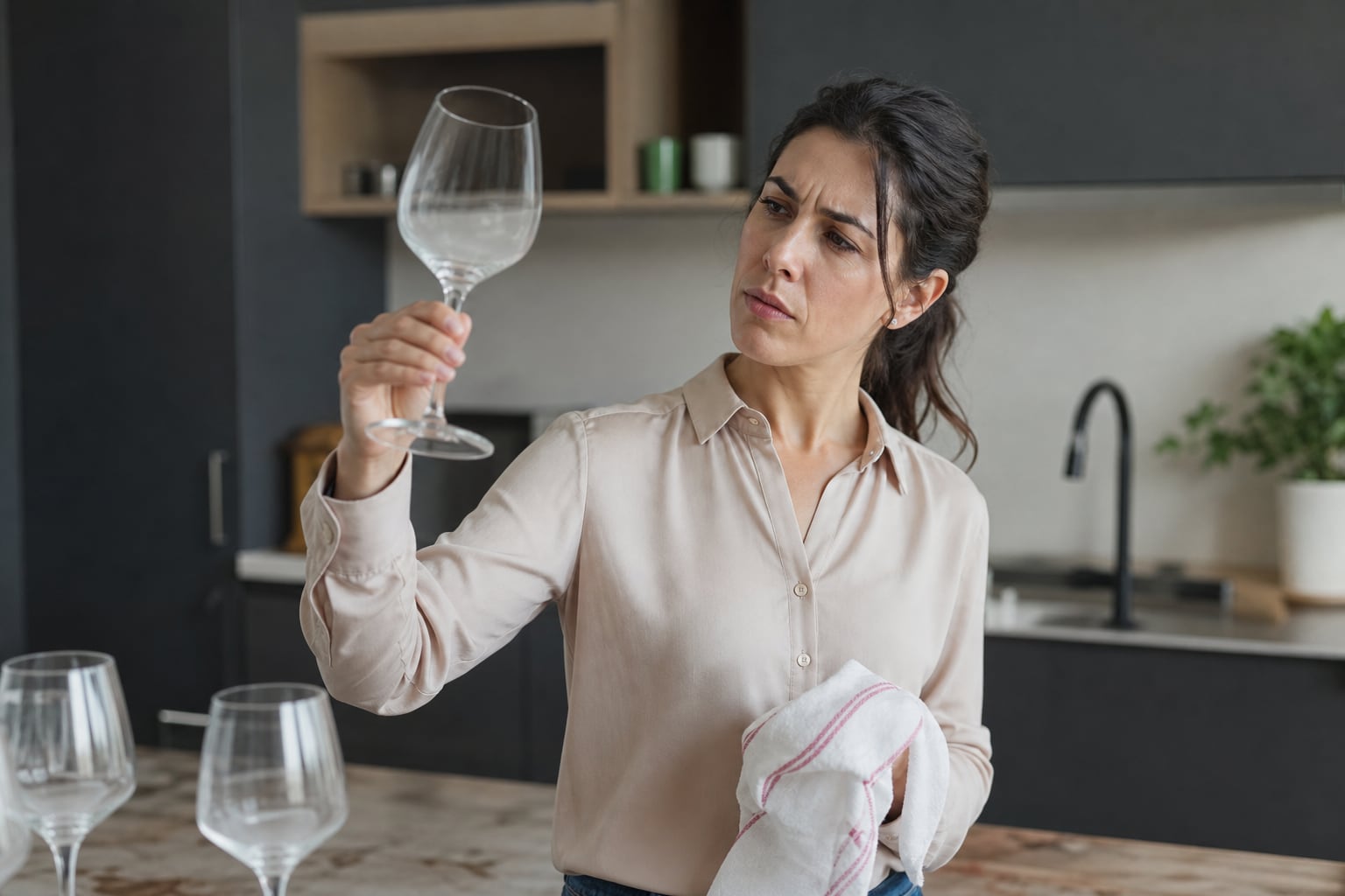 Verre à vin vide qu'une personne sent pour vérifier son odeur près d'un évier