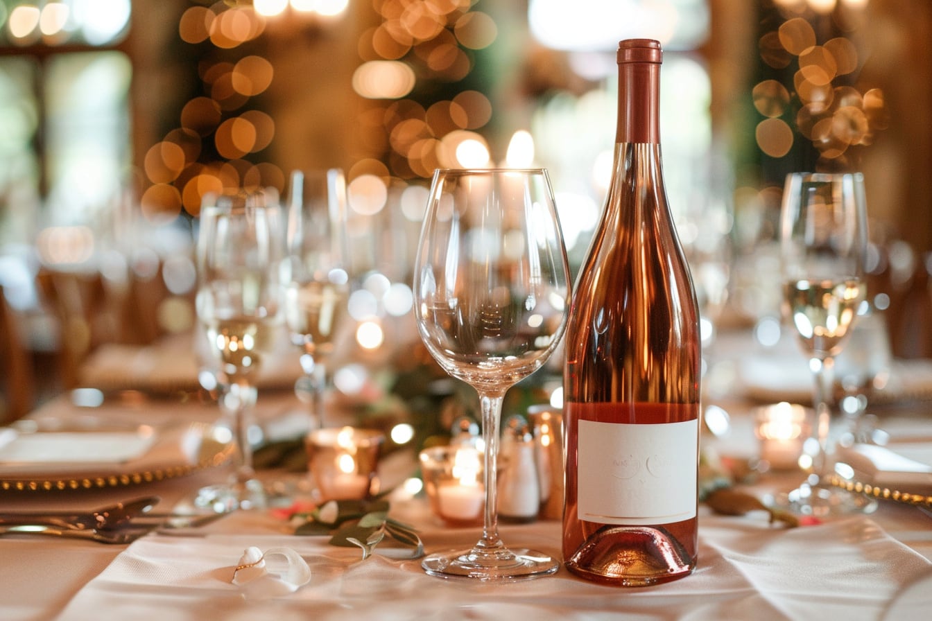 Table de réception de mariage élégante avec bouteilles de vin, flûtes pétillantes et verres dressés pour les invités