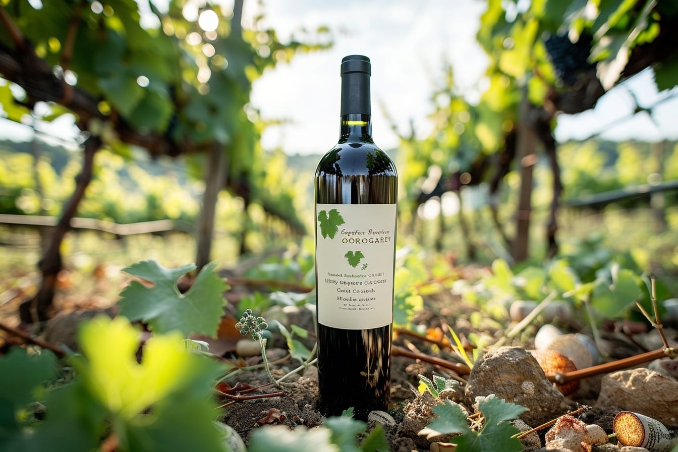 Bouteilles de vins biologiques et grappes de raisin sur une table de dégustation dans un domaine viticole