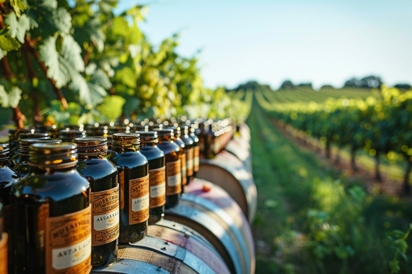 Bouteilles de vins de terroirs confidentiels alignées sur une table de dégustation avec verres de vin rouge et blanc