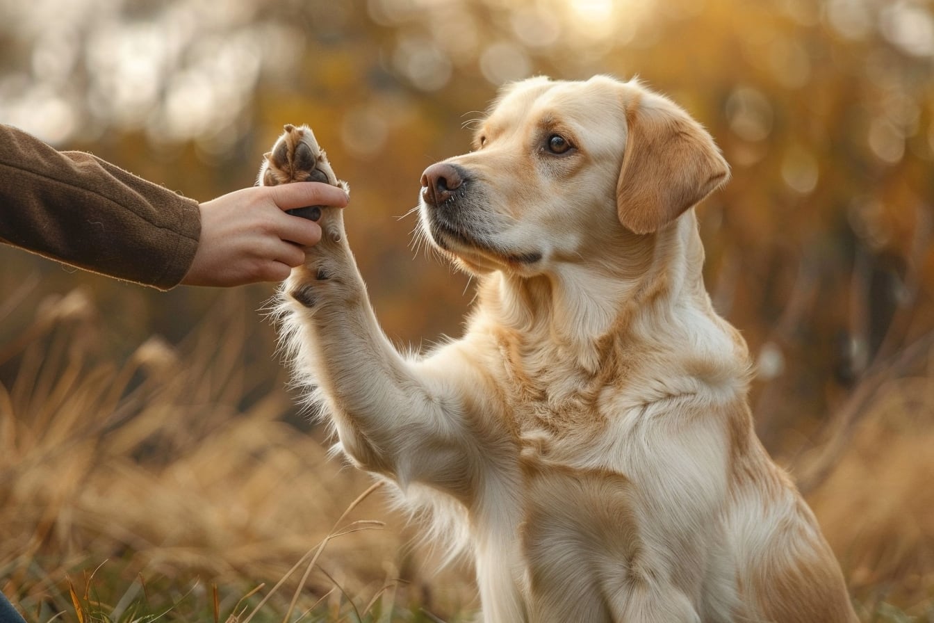Chien au regard attentif posant doucement sa patte sur le genou de son propriétaire assis