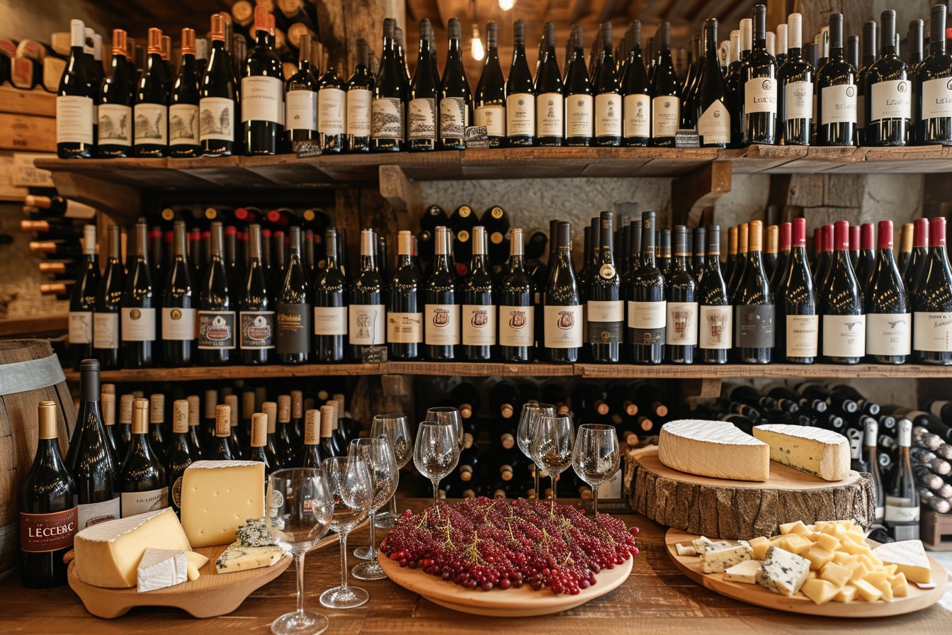 Bouteilles de vin rouge, blanc et effervescent rangées sur des étagères lors d’une foire aux vins en magasin
