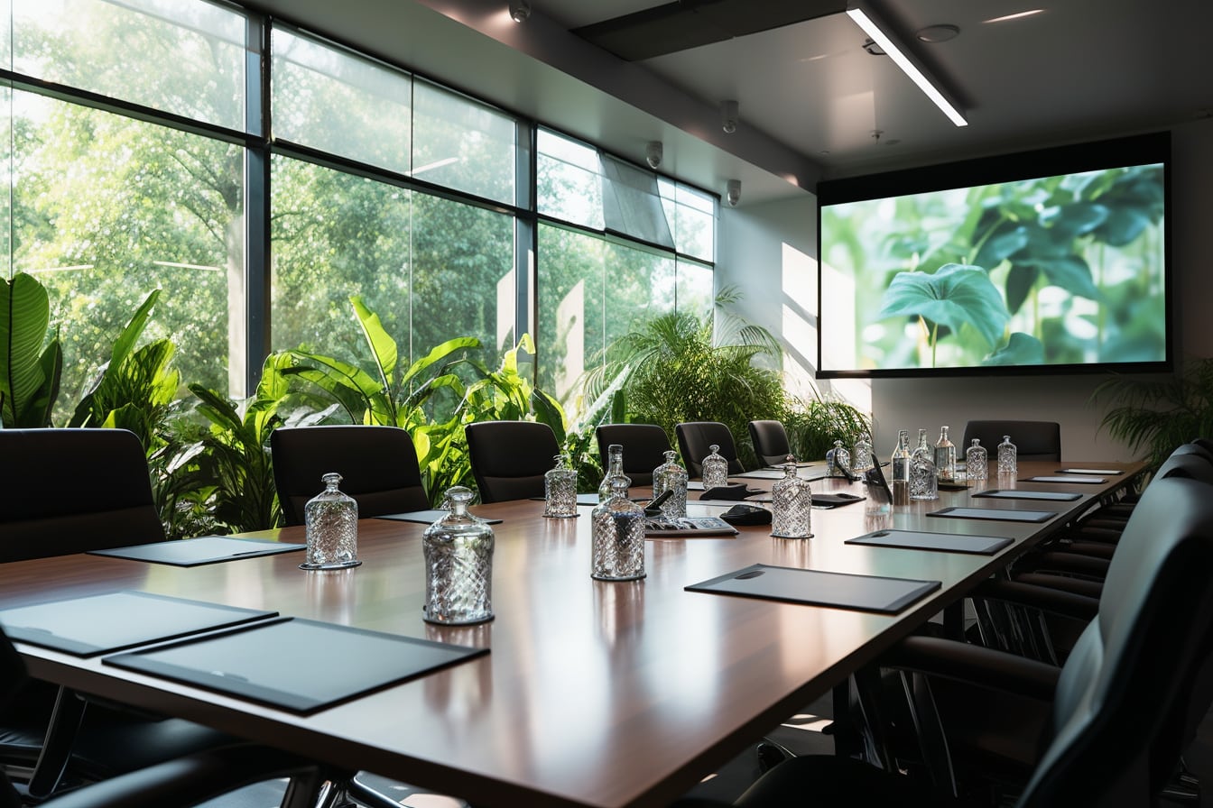 Salle de réunion lumineuse préparée avec table, chaises, écran de présentation et fournitures pour un événement professionnel dans le Val-d’Oise