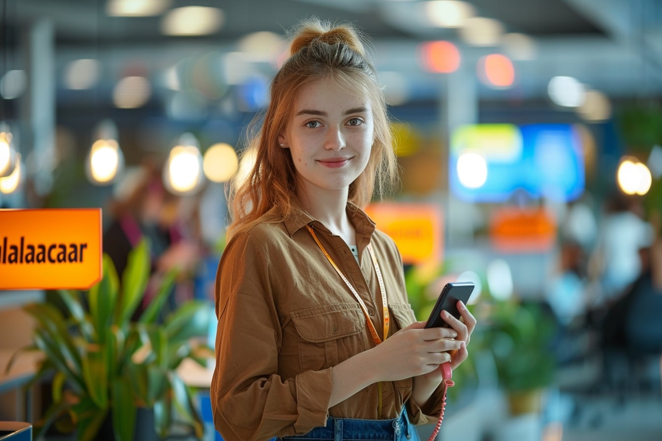 Passagère consultant l’application BlaBlaCar sur son smartphone avant un trajet de covoiturage