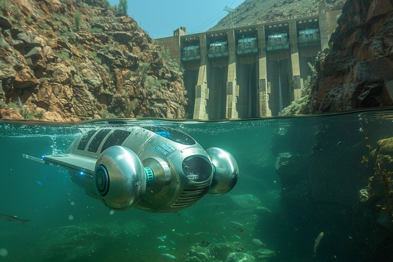 Drone sous-marin équipé de projecteurs explorant le fond rocheux d’une retenue près d’un barrage