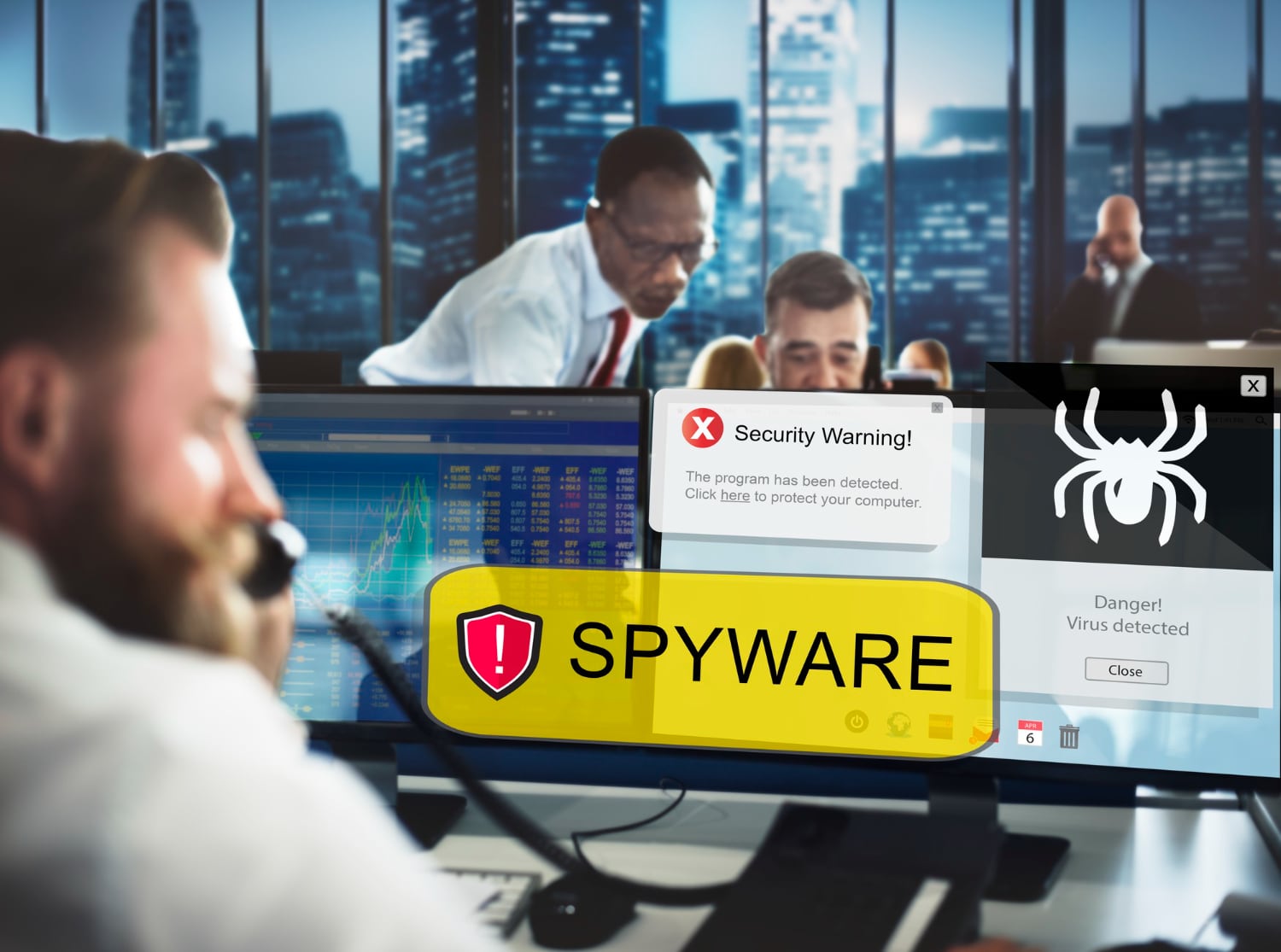 Boîte de réception sur ordinateur avec messages indésirables filtrés et bouclier de cybersécurité