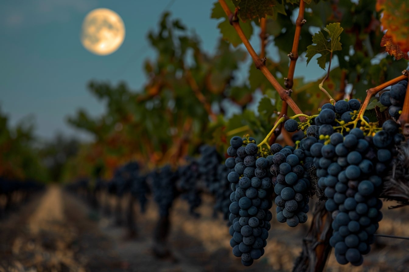 Vendangeuse travaillant de nuit dans une rangée de vignes éclairée, avec des raisins récoltés à la fraîche