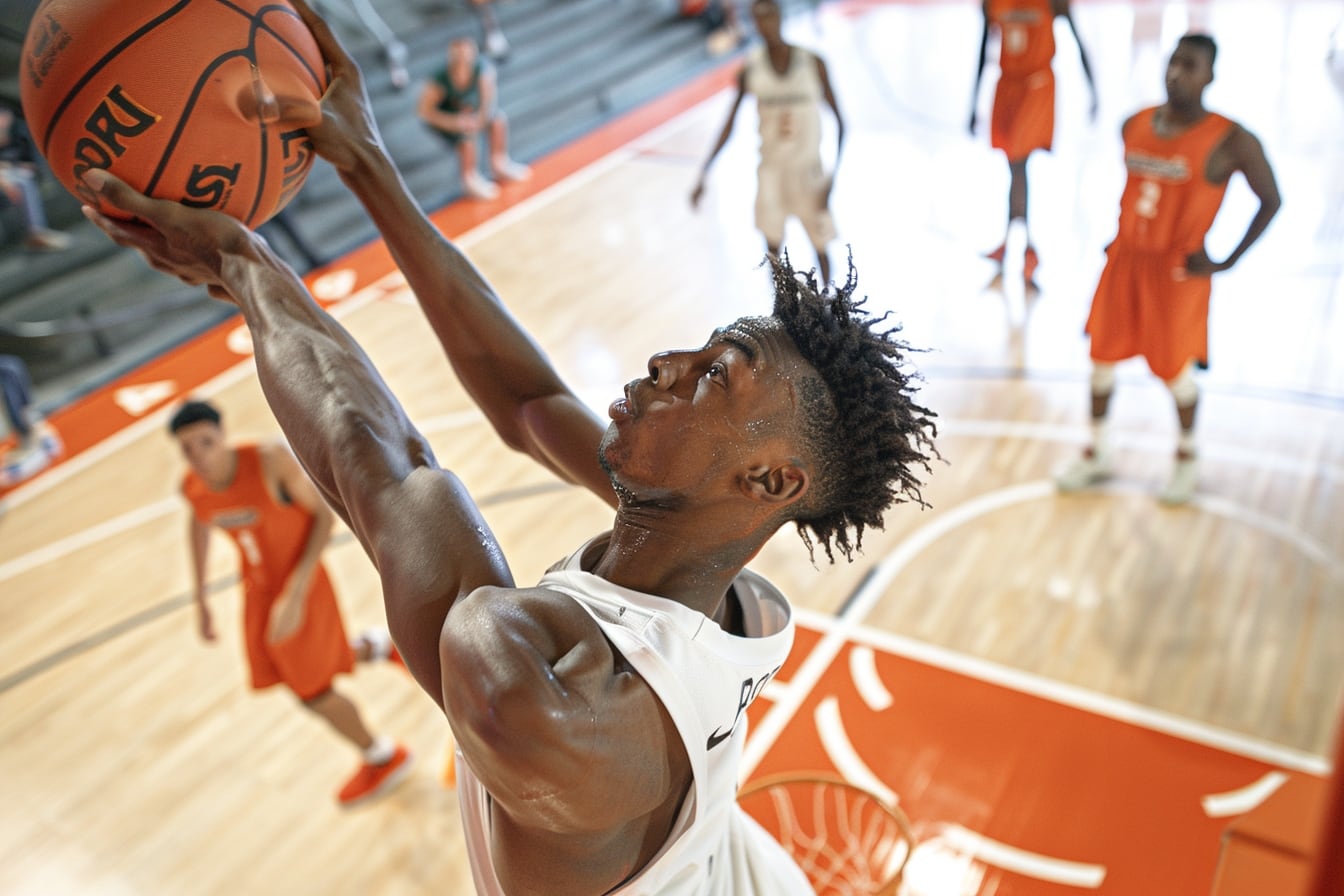 Joueur de basketball s’entraînant au dribble et au tir sur un terrain intérieur