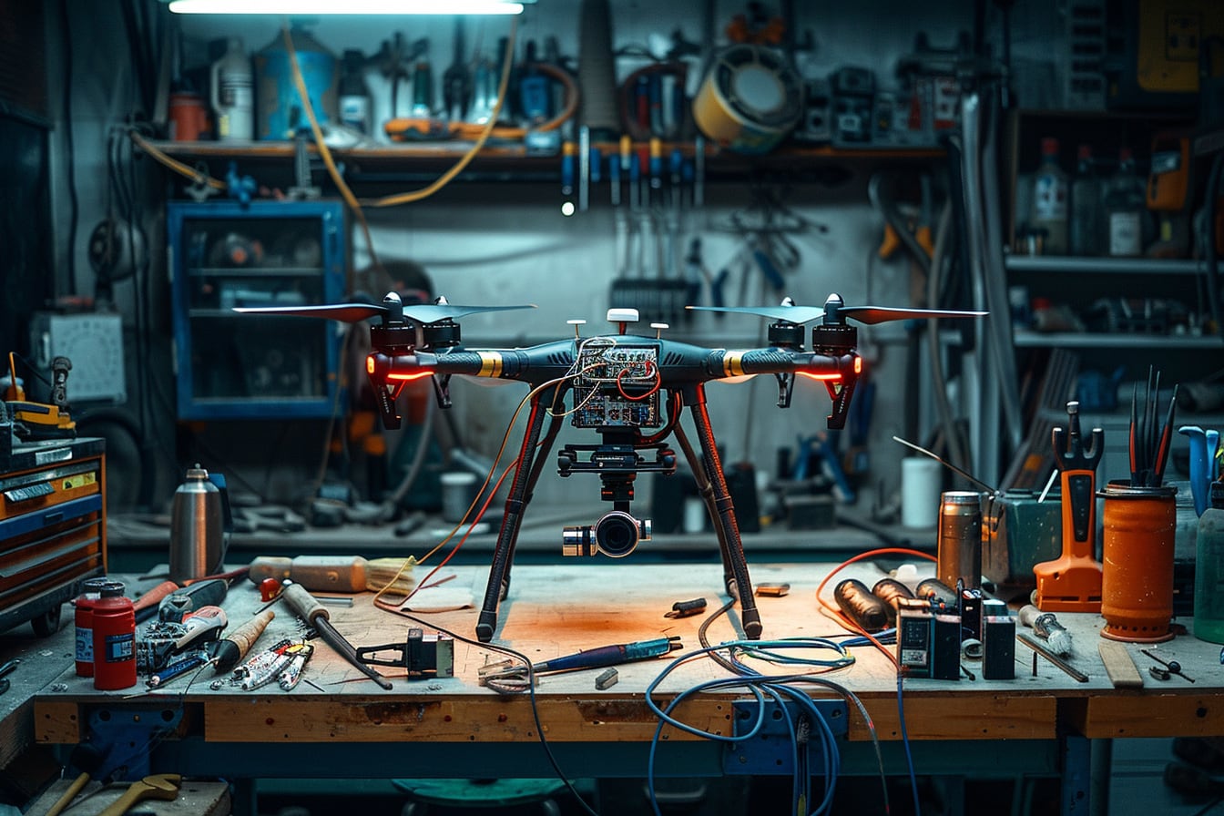 Drone quadricoptère en cours d’assemblage sur un établi, avec châssis, moteurs, hélices et composants électroniques