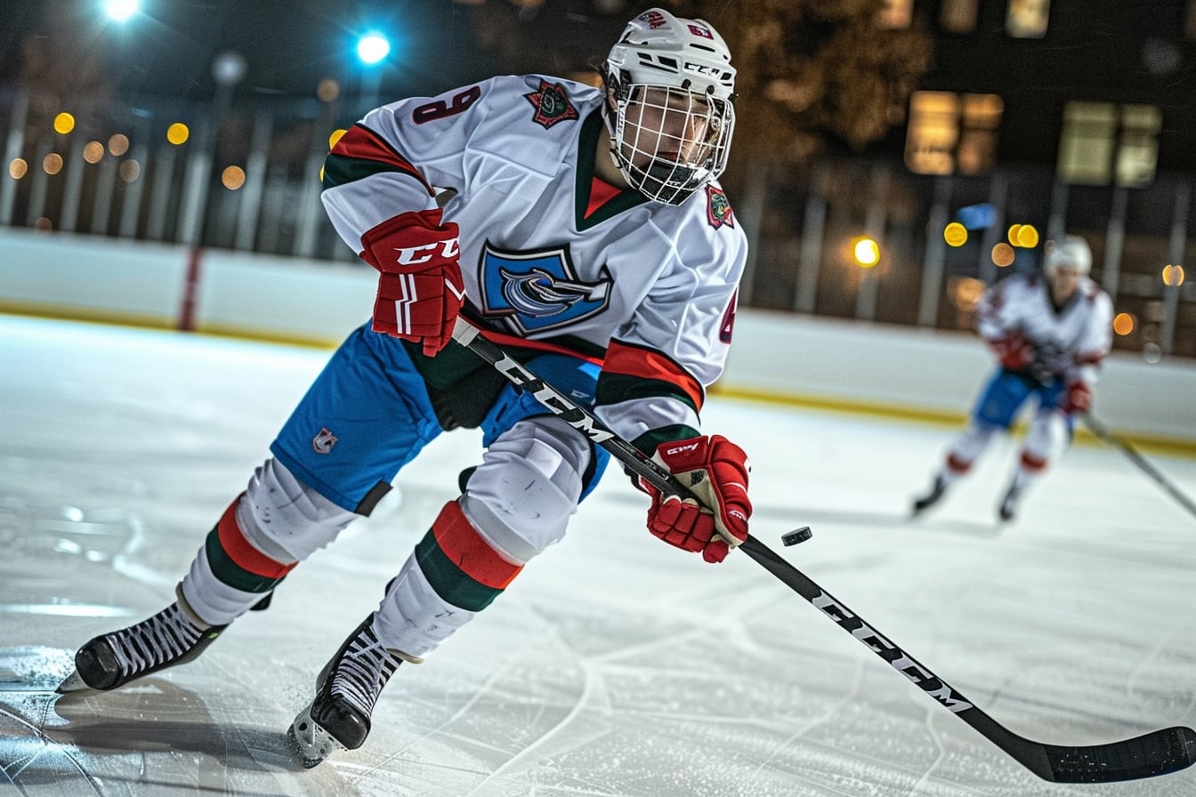 Joueurs de hockey sur glace en pleine action autour du palet devant le but