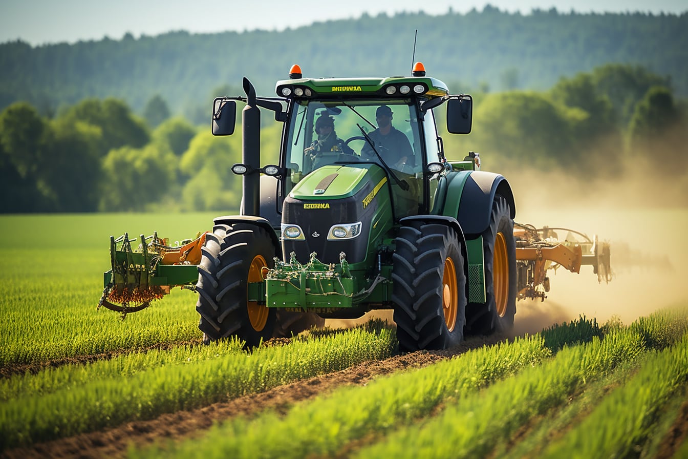 Épandeur d’engrais porté Sulky attelé à un tracteur dans une parcelle cultivée