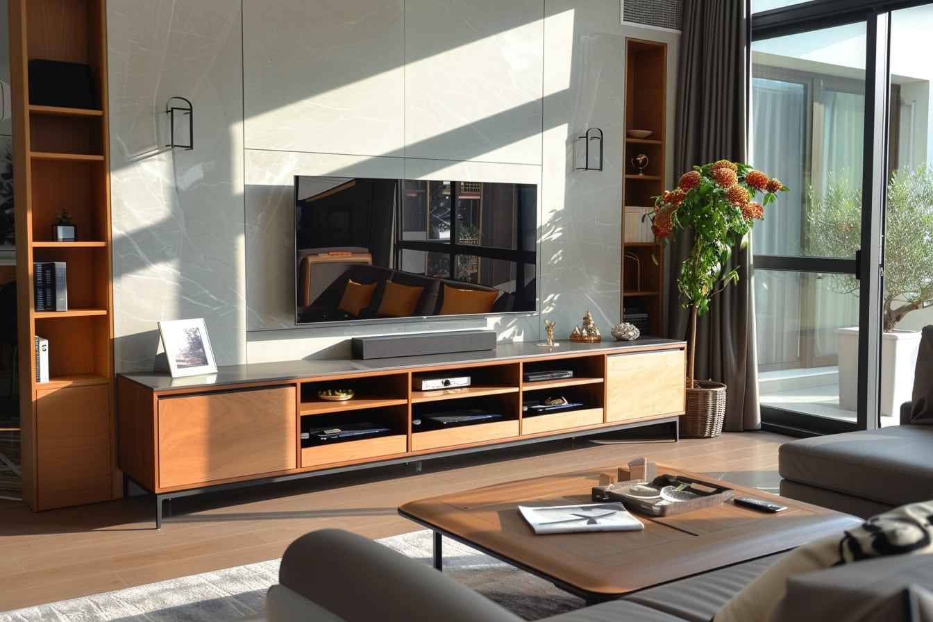 Salon contemporain avec meuble TV bas en bois clair, niches ouvertes décorées et écran plat fixé au mur