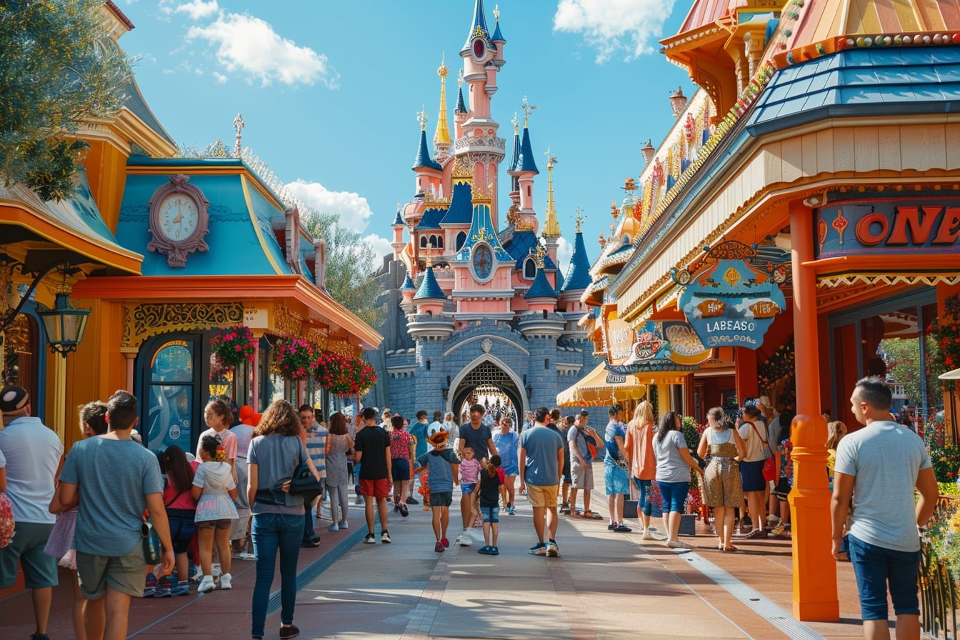Famille consultant l’application Disneyland Paris devant une attraction du parc pour éviter les files d’attente