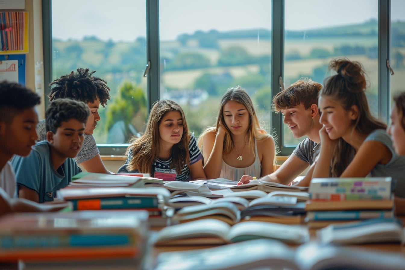 Étudiants internationaux échangeant en anglais devant un bâtiment universitaire traditionnel en Angleterre